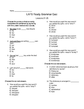 Preview of 3rd grade LAFS Grammar Quiz Lessons 21-25 (Ready FL)