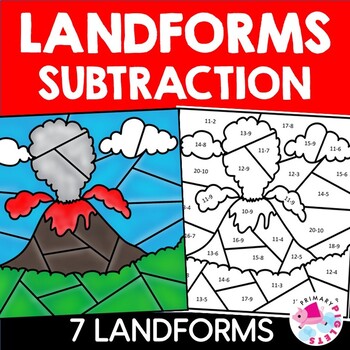 Preview of LANDFORMS Color by Number Code Subtraction to 10 & 20 Coloring Pages | Volcano