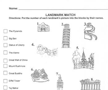 Preview of LANDMARK MATCH Worksheet for Webquest - Match 14 Names to Picture