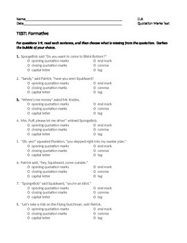 Preview of ELA QUOTATION MARKS Punctuating Direct & Indirect Quotes TEST w/ Answers
