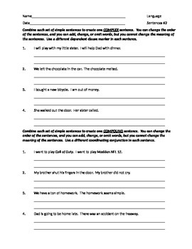 Preview of ELA SENTENCE STRUCTURE Simple, Complex, & Compound Sentences Worksheet #2 w/ Ans
