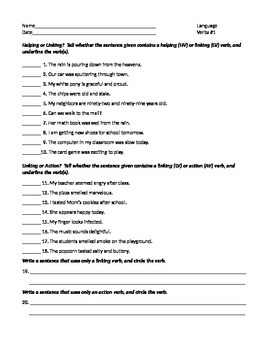 Preview of ELA VERBS Helping, Linking, & Action WORKSHEET #1 w/ Answers