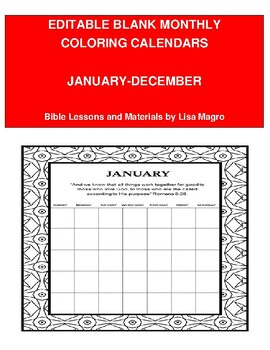 Preview of LARGE Editable Blank Coloring Calendars - Jan-Dec - with Bible Verses. NKJV