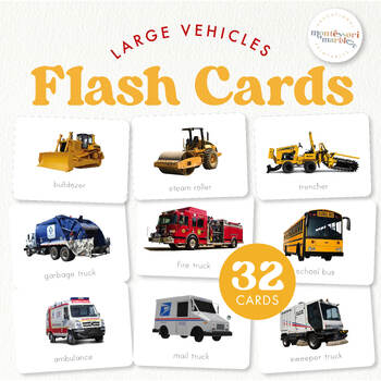 Preview of LARGE VEHICLES Flash Cards, Construction Trucks, Montessori Inspired