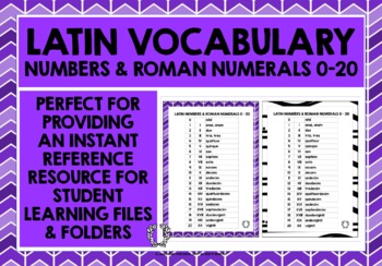 Preview of LATIN NUMBERS & ROMAN NUMERALS 0-20 LIST