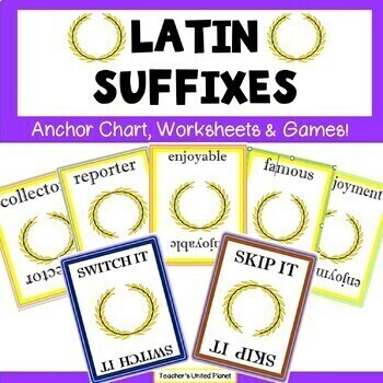 Preview of Latin Suffixes Crazy 8's Game, Anchor Chart and Worksheets