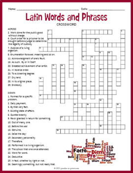 Preview of (Middle School) LATIN VOCABULARY TERMS Crossword Puzzle Worksheet