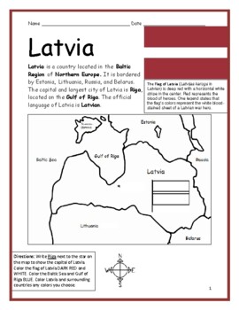 Preview of LATVIA Introductory Geography Worksheet with map and flag