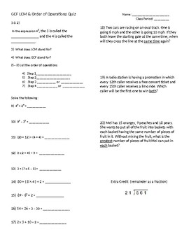 Preview of LCM GCF Order of Operations Quiz/Test/Assessment