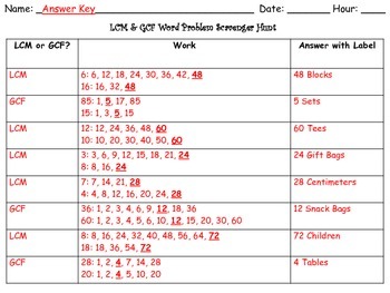 57 factor math Word Problem LCM Scavenger 6.NS.4 Nerdy GCF & Hunt by