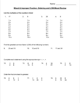 Preview of LCM, Mixed/Improper Fractions, and Comparing Fractions