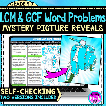 Preview of LCM and GCF Word Problems Digital Mystery Picture Art Reveal - Differentiated!