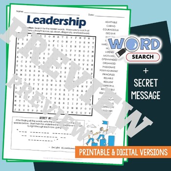 Preview of LEADERSHIP Word Search Puzzle Activity Vocabulary Worksheet Secret Code