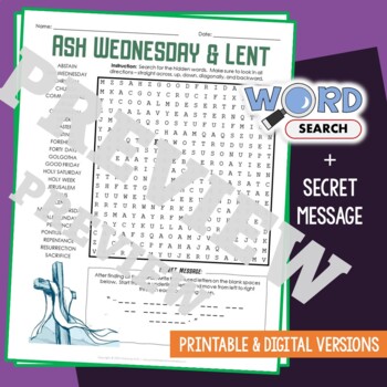 Preview of LENT, ASH WEDNESDAY Word Search Puzzle Christian Activity Worksheet Secret Code
