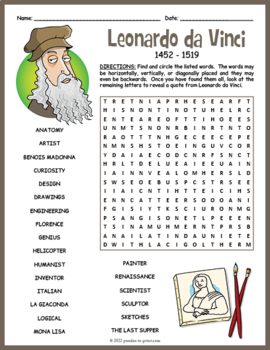 Preview of LEONARDO DA VINCI Biography Word Search Puzzle Worksheet Activity