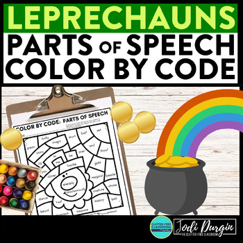Preview of LEPRECHAUNS color by code March coloring page PARTS OF SPEECH worksheet