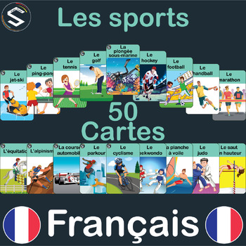 Preview of LES SPORTS | FRENCH "Sports" Vocabulary Flashcards, (9x6cm). 50 noms et images.