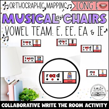 Preview of Long e Write the Room Musical Chairs Orthographic Mapping First Grade Activity