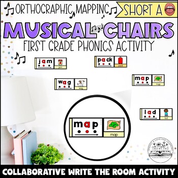 Preview of Short a Write the Room Musical Chairs Orthographic Mapping First Grade Activity