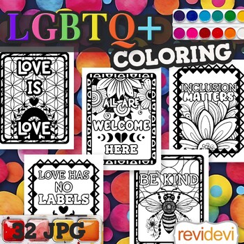 Preview of LGBTQ+ posters. 32 Coloring Pages for Adults and teens activity. Pride month art