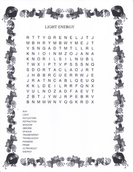 Preview of LIGHT ENERGY  Word Search for grades 3 and 4