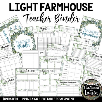 Preview of LIGHT Farmhouse Teacher Planner Binder Editable + Undated