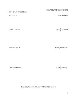 LINEAR EQUATIONS WORKSHEET 3 by NCBEEZ MATH CLASS | TpT