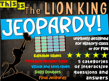 Preview of LION KING JEOPARDY! West African Culture, Sundiata and Mali Comparisons & more