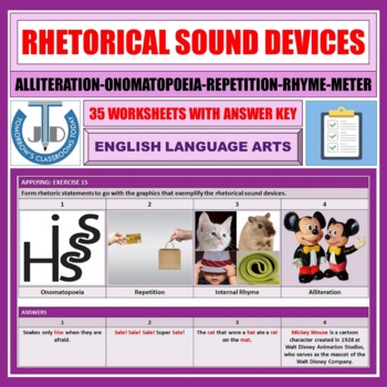 Preview of ALLITERATION ONOMATOPOEIA REPETITION RHYME METER: 35 WORKSHEETS WITH ANSWER KEY