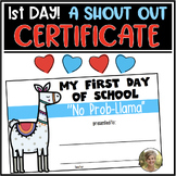 Llama 1st Day of School Certificates for Student Back to School