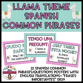 Preview of LLAMA THEMED SPANISH COMMON PHRASES/QUESTION POSTERS + PLUS SIGN (ENTranslation)