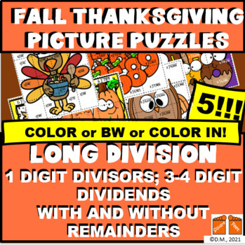 Preview of LONG DIVISION, 1-digit div, , FALL THANKSGIVING PICTURE PUZZLES 5! CUT ACTIVITY