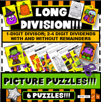 Preview of LONG DIVISION 1-digit div, HALLOWEEN, PICTURE PUZZLES 6!  Puzzle Activity  FUN!