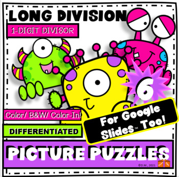Preview of LONG DIVISION MONSTER PICTURE PUZZLES 1-digit divisors ACTIVITY & DIGITAL! FUN!