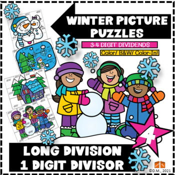 Preview of LONG DIVISION WINTER PICTURE PUZZLES 1-digit divisors ACTIVITY FUN! CUT/COLOR