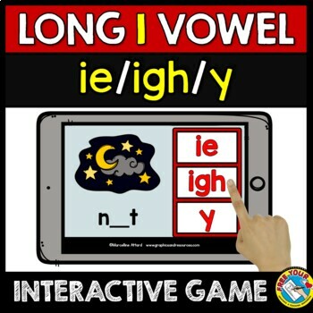 Preview of LONG I VOWEL IE IGH Y WORD WORK BOOM CARDS PHONICS SPELLING PATTERNS CENTER GAME