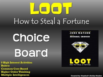 Preview of LOOT How to Steal a Fortune Choice Board Novel Study Activities Menu Project