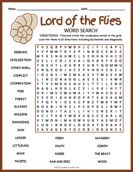 Preview of LORD OF THE FLIES Novel Study Word Search Puzzle Worksheet Activity