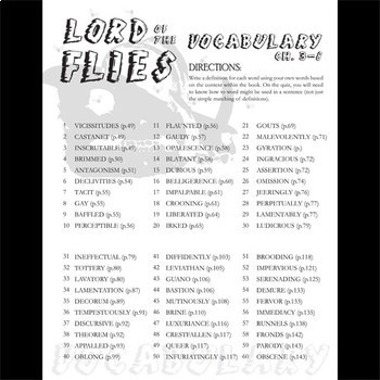 LORD OF THE FLIES Vocabulary List and Quiz (chap 3-8) by Created for ...