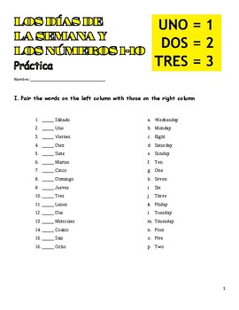 Preview of LOS DÍAS DE LA SEMANA Y LOS NÚMEROS 1-10