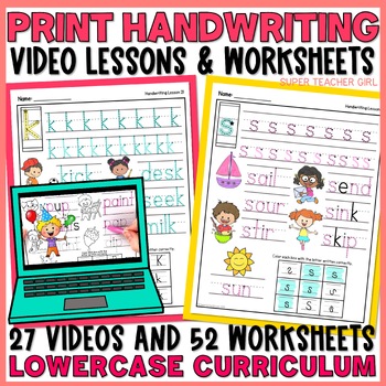 Preview of LOWERCASE PRINT Handwriting Video Lessons & Practice Worksheets with PowerPoint