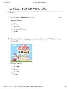 Preview of La Casa - Around the House Quiz or Worksheet in Spanish | PDF Printable