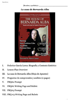 Preview of La Casa de Bernarda Alba (Movie Unit Plans with FRQ#2 and FRQ#3 Essay Tests)