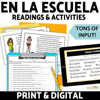 Preview of Spanish 1 Reading Activities La Escuela Spanish School Schedules Vocabulary