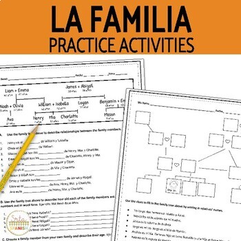 Preview of La Familia Family Vocabulary in Spanish No Prep Practice Worksheet Activities
