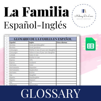 Preview of La Familia Glosario Español e Inglés Family Spanish English Glossary Editable