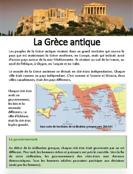 Preview of La Grèce Antique -- Reading + Questions for Grade 4 French Immersion