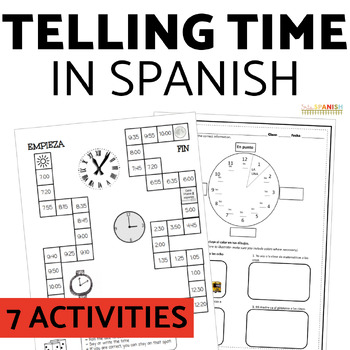 Preview of La Hora Telling Time Spanish Practice Activities Review Game & Worksheet BUNDLE