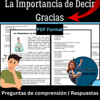 Preview of Spanish Comprehension|La Importancia de Decir Gracias| Worksheet for 5th 6th 7th