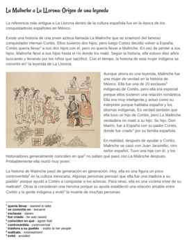 Preview of La Malinche a La Llorona: Lectura (Origins of Llorona Legend Reading Activity)